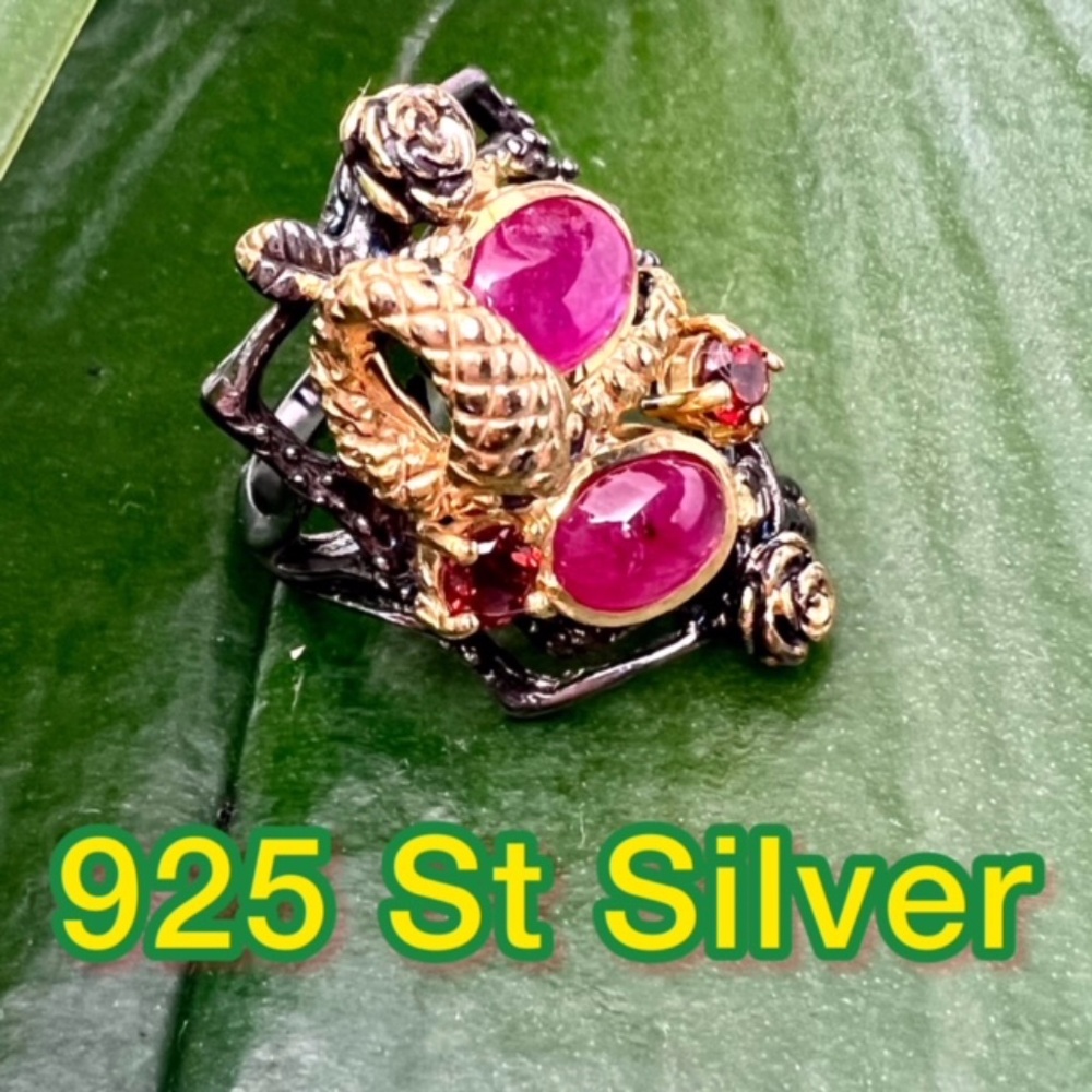 NWT OUTSTANDING ART DECO LADIES NATURAL RED RUBY & CZ 925 SILVER COCKTAIL RING